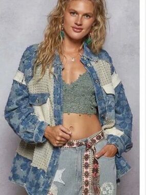 POL Blue and Cream Patchwork Denim Jacket